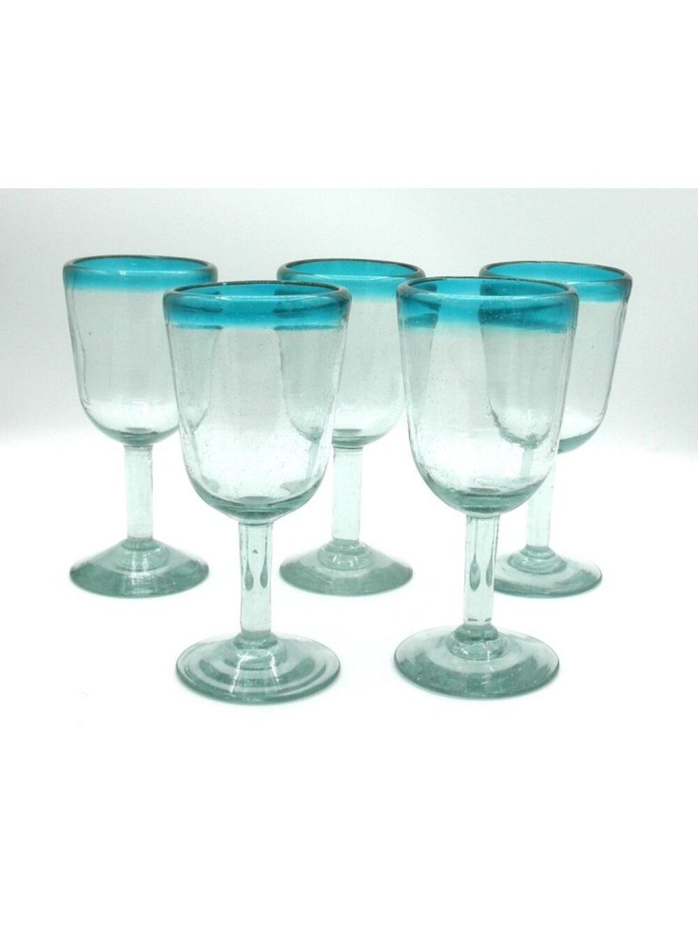 Artisanal Recycled Glass Goblet with Air Bubbles Aqua/Teal Rim - Set of 5